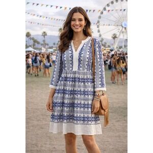 NWT Fig + Flower Boho Navy White Tunic Dress Flowy Festival A-Line Summer Sz L